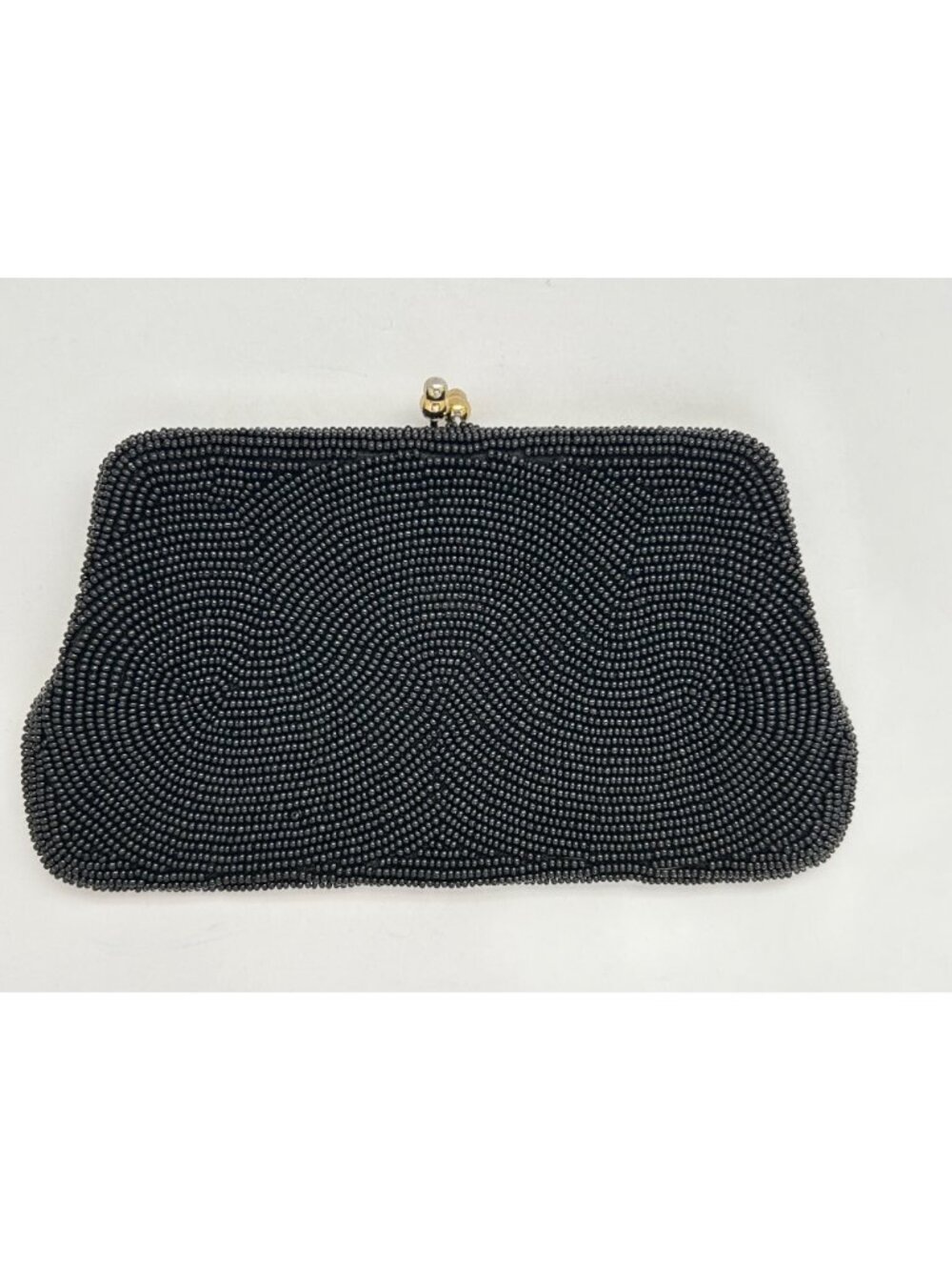 MCM Art Deco Glam Black Beaded Floral Clutch Evening Cocktail Purse Kiss Lock - Picture 2 of 8